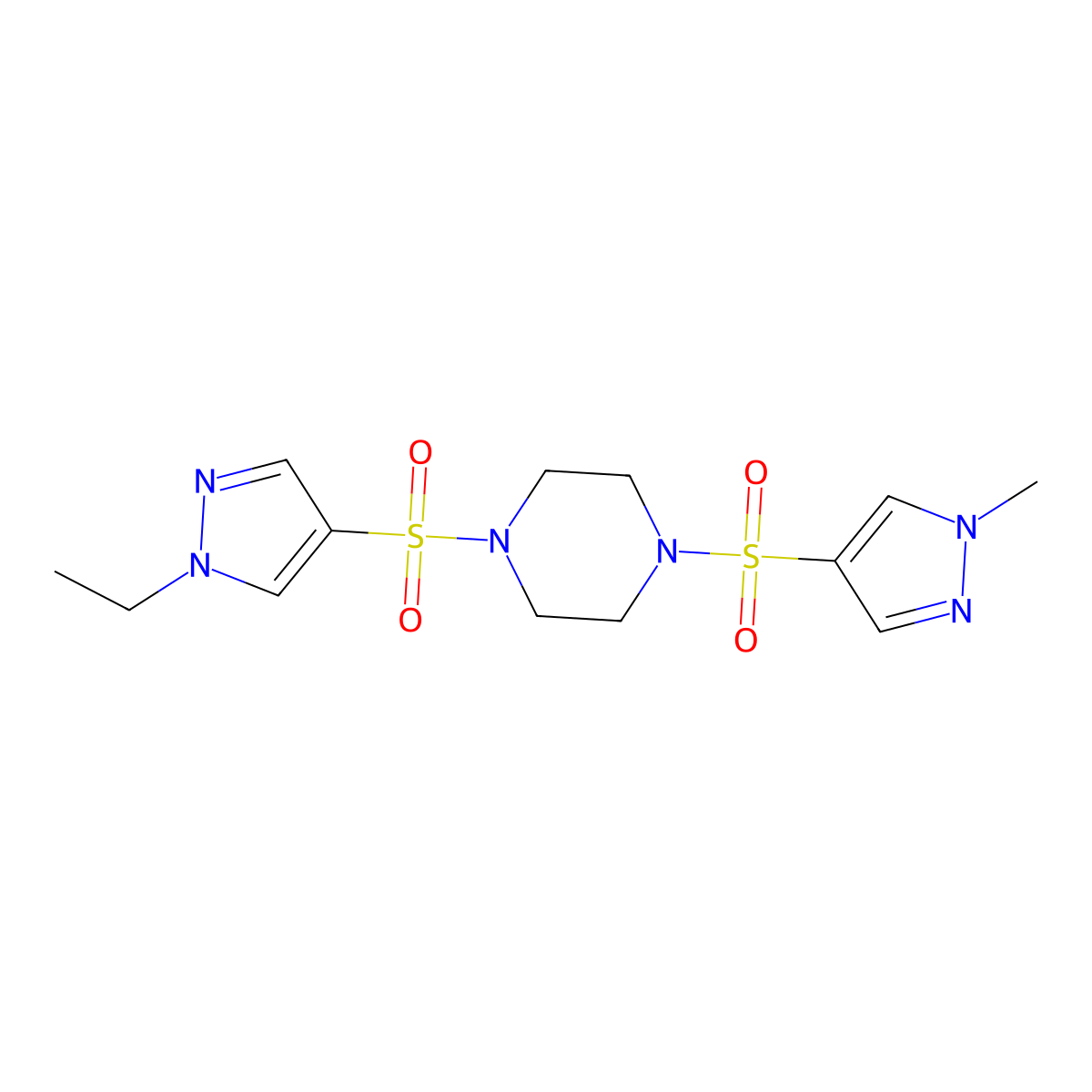 1-[(1-ethyl-1H-pyrazol-4-yl)sulfonyl]-4-[(1-methyl-1H-pyrazol-4-yl)sulfonyl]piperazine molecular structure, CAS 1005587-58-5