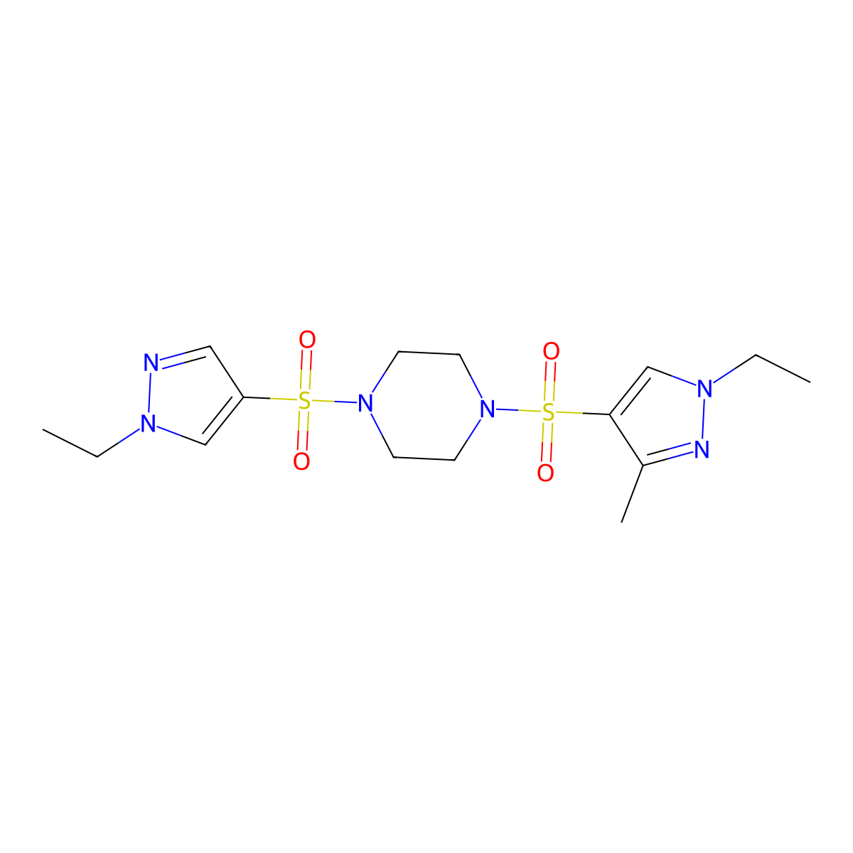 1-[(1-ethyl-3-methyl-1H-pyrazol-4-yl)sulfonyl]-4-[(1-ethyl-1H-pyrazol-4-yl)sulfonyl]piperazine molecular structure, CAS 1005587-68-7