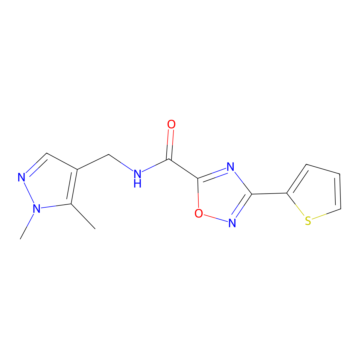 N-[(1,5-dimethyl-1H-pyrazol-4-yl)methyl]-3-(thiophen-2-yl)-1,2,4-oxadiazole-5-carboxamide molecular structure, CAS 1005588-06-6