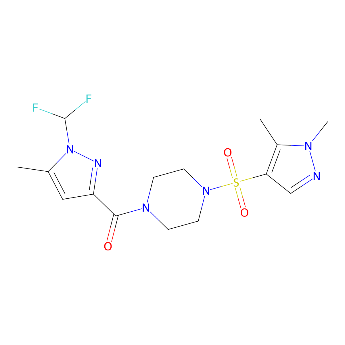 [1-(difluoromethyl)-5-methyl-1H-pyrazol-3-yl]{4-[(1,5-dimethyl-1H-pyrazol-4-yl)sulfonyl]piperazin-1-yl}methanone molecular structure, CAS 1005588-16-8