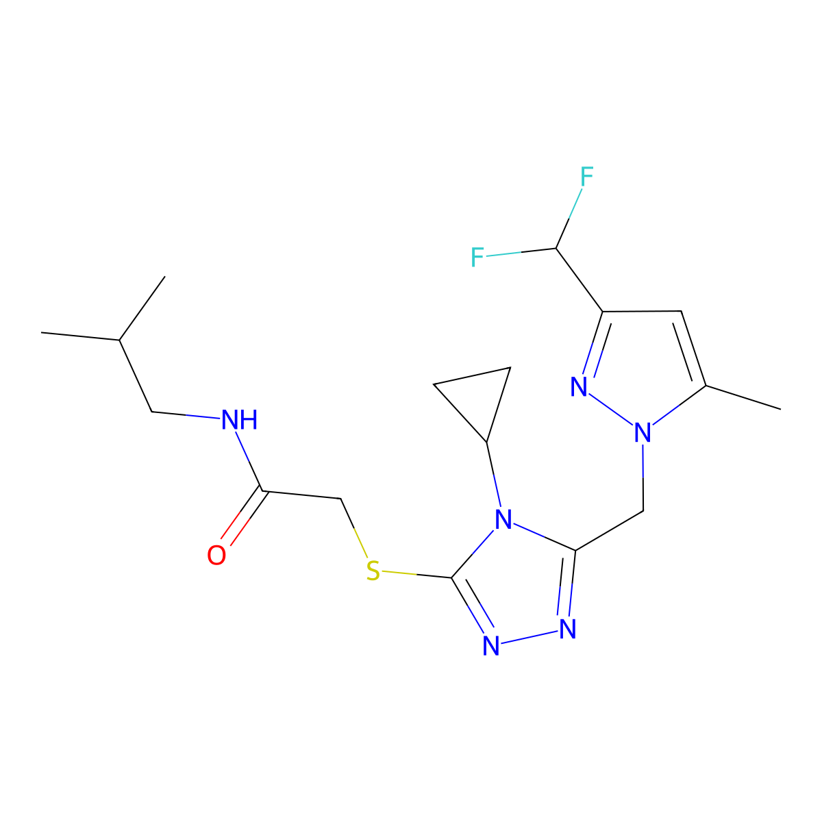 2-[[4-cyclopropyl-5-[[3-(difluoromethyl)-5-methylpyrazol-1-yl]methyl]-1,2,4-triazol-3-yl]sulfanyl]-N-(2-methylpropyl)acetamide molecular structure, CAS 1005588-24-8
