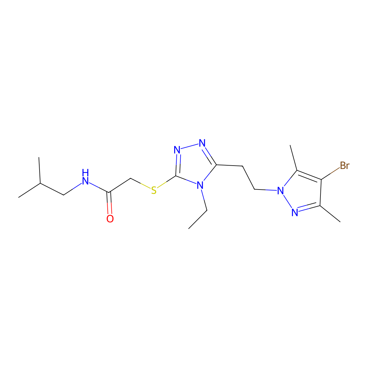 2-({5-[2-(4-bromo-3,5-dimethyl-1H-pyrazol-1-yl)ethyl]-4-ethyl-4H-1,2,4-triazol-3-yl}sulfanyl)-N-(2-methylpropyl)acetamide molecular structure, CAS 1005588-66-8
