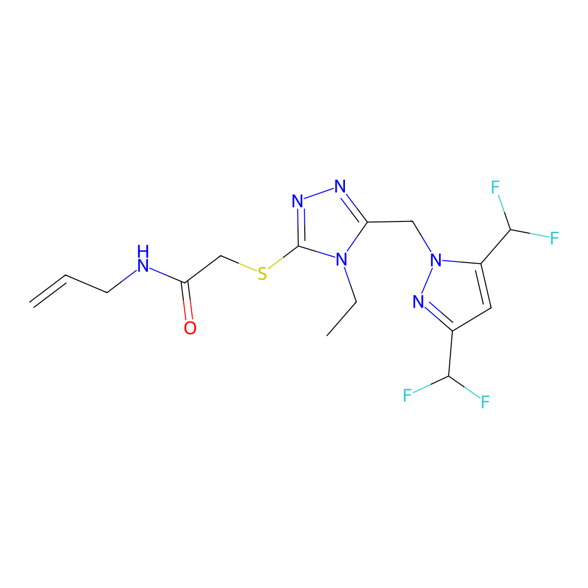 2-[[5-[[3,5-bis(difluoromethyl)pyrazol-1-yl]methyl]-4-ethyl-1,2,4-triazol-3-yl]sulfanyl]-N-prop-2-enylacetamide molecular structure, CAS 1005589-06-9