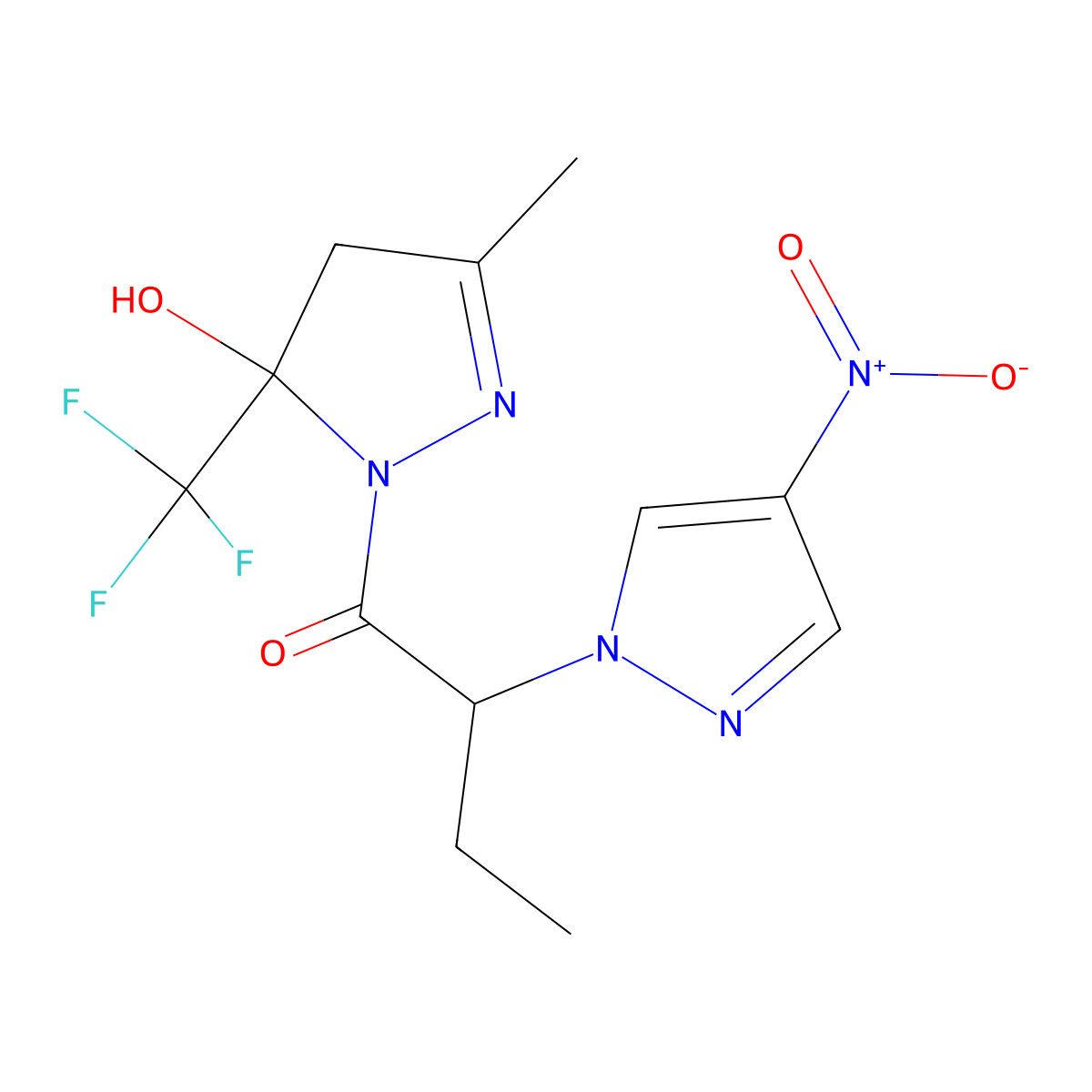 1-[5-hydroxy-3-methyl-5-(trifluoromethyl)-4,5-dihydro-1H-pyrazol-1-yl]-2-(4-nitro-1H-pyrazol-1-yl)butan-1-one molecular structure, CAS 1005589-08-1