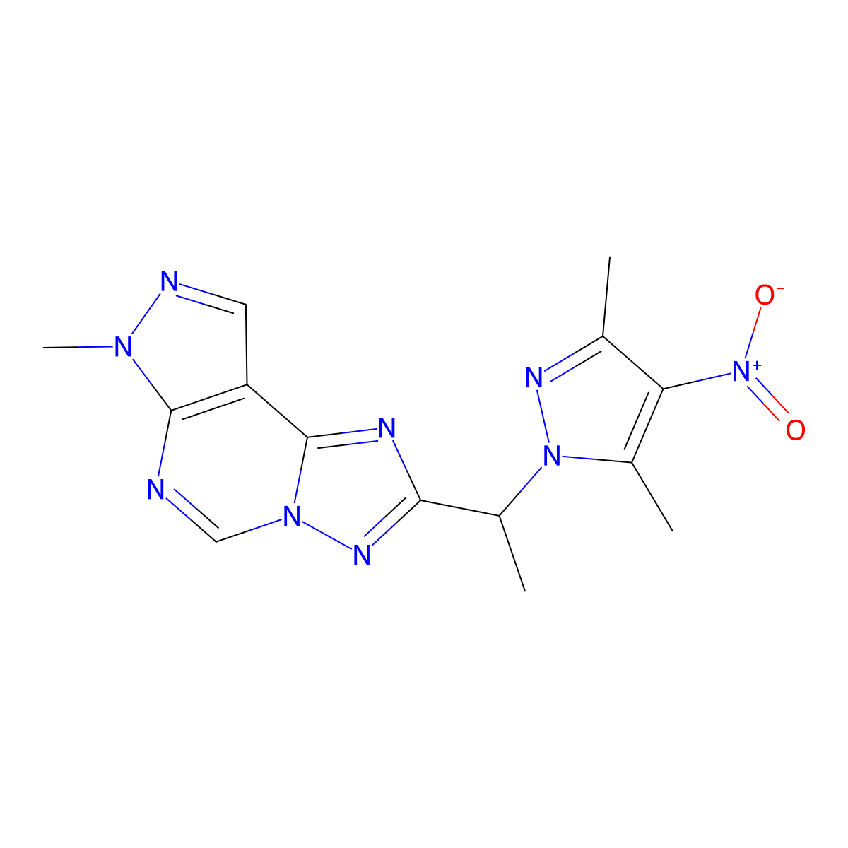 2-[1-(3,5-dimethyl-4-nitro-1H-pyrazol-1-yl)ethyl]-7-methyl-7H-pyrazolo[4,3-e][1,2,4]triazolo[1,5-c]pyrimidine molecular structure, CAS 1005589-23-0
