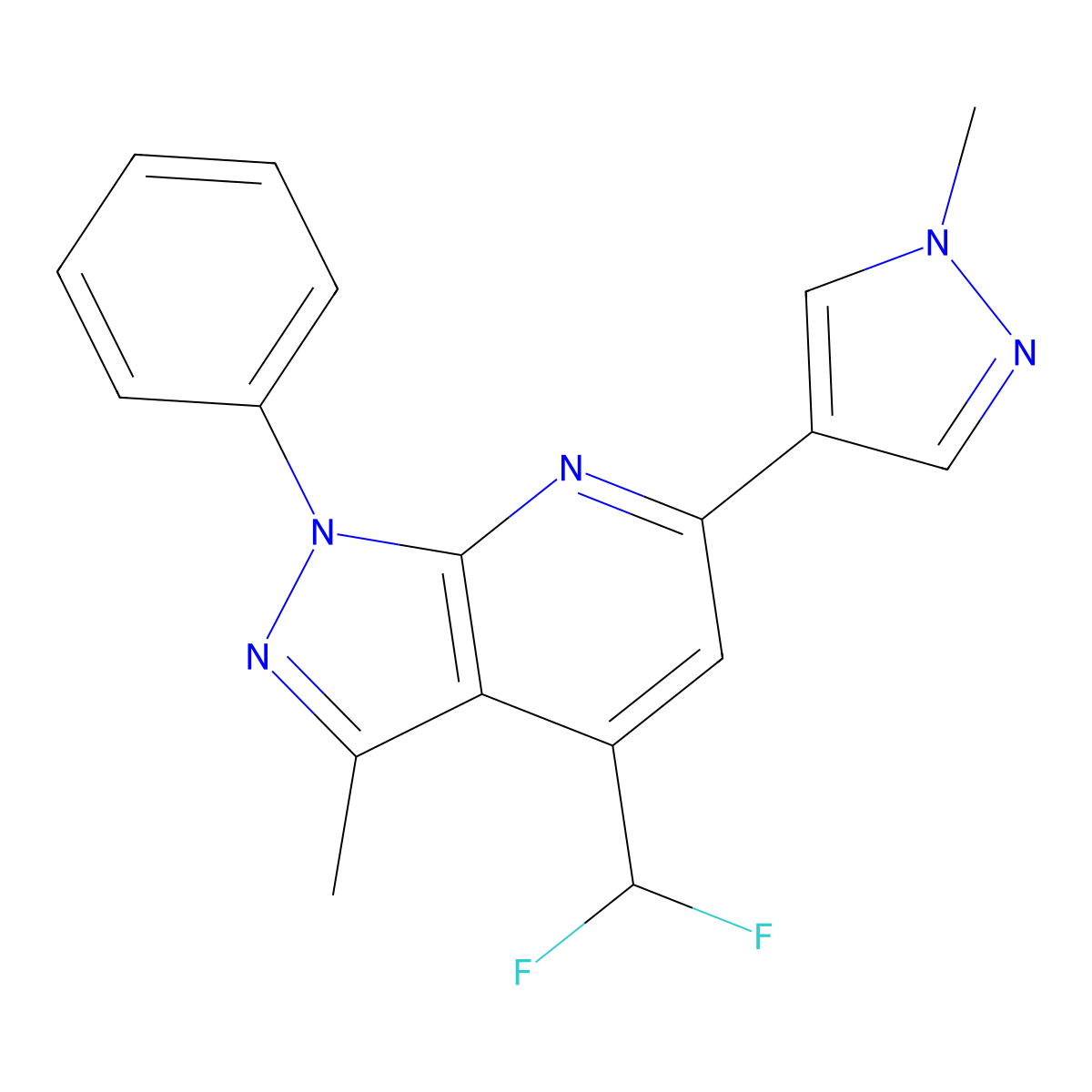 4-(difluoromethyl)-3-methyl-6-(1-methyl-1H-pyrazol-4-yl)-1-phenyl-1H-pyrazolo[3,4-b]pyridine molecular structure, CAS 1005589-29-6
