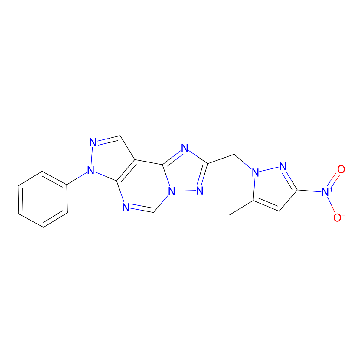 2-[(5-methyl-3-nitro-1H-pyrazol-1-yl)methyl]-7-phenyl-7H-pyrazolo[4,3-e][1,2,4]triazolo[1,5-c]pyrimidine molecular structure, CAS 1005589-58-1
