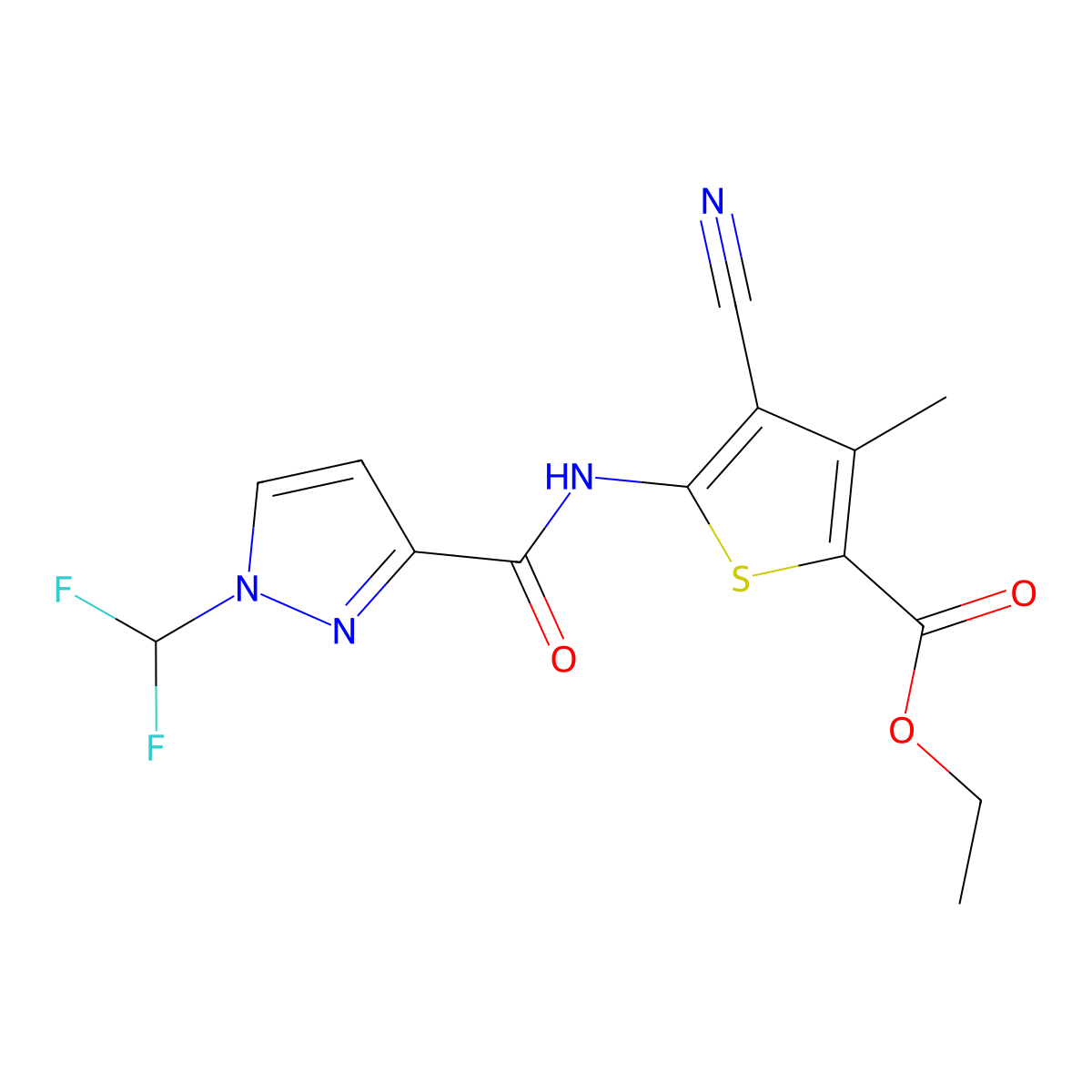 ethyl 4-cyano-5-({[1-(difluoromethyl)-1H-pyrazol-3-yl]carbonyl}amino)-3-methylthiophene-2-carboxylate molecular structure, CAS 1005589-70-7