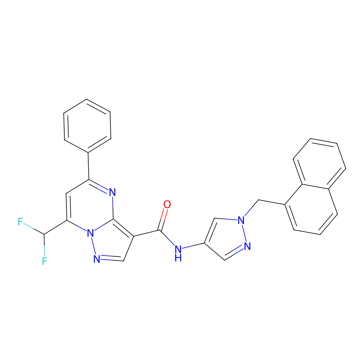 7-(difluoromethyl)-N-[1-(naphthalen-1-ylmethyl)pyrazol-4-yl]-5-phenylpyrazolo[1,5-a]pyrimidine-3-carboxamide molecular structure, CAS 1005589-71-8