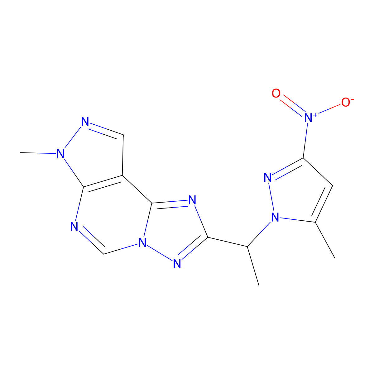7-methyl-2-[1-(5-methyl-3-nitro-1H-pyrazol-1-yl)ethyl]-7H-pyrazolo[4,3-e][1,2,4]triazolo[1,5-c]pyrimidine molecular structure, CAS 1005589-78-5