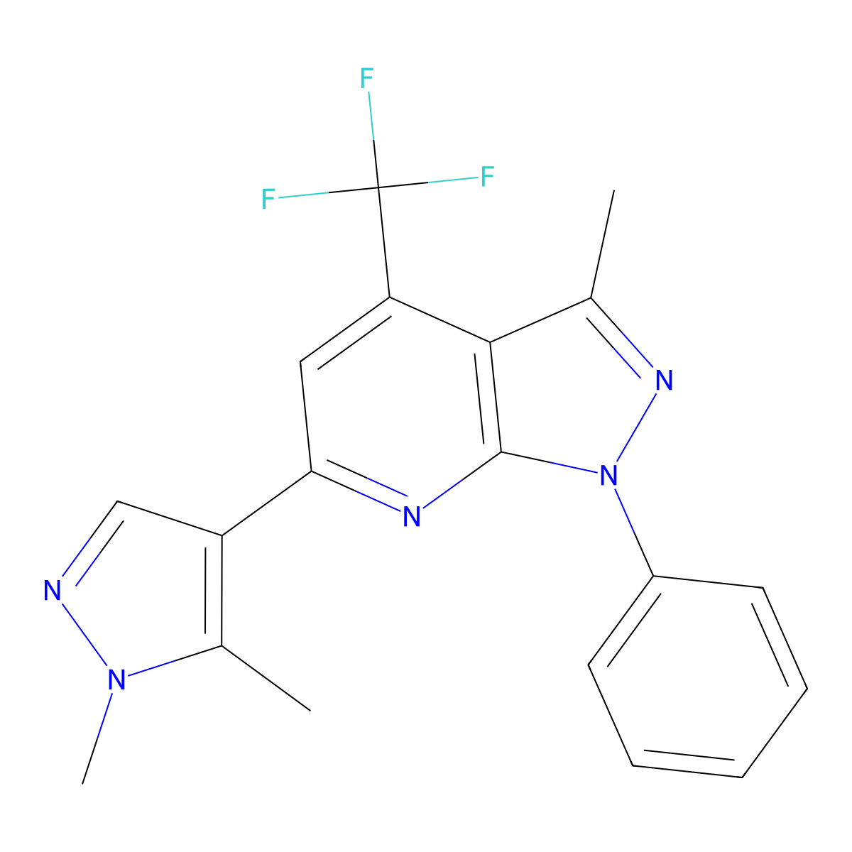 6-(1,5-dimethyl-1H-pyrazol-4-yl)-3-methyl-1-phenyl-4-(trifluoromethyl)-1H-pyrazolo[3,4-b]pyridine molecular structure, CAS 1005589-88-7