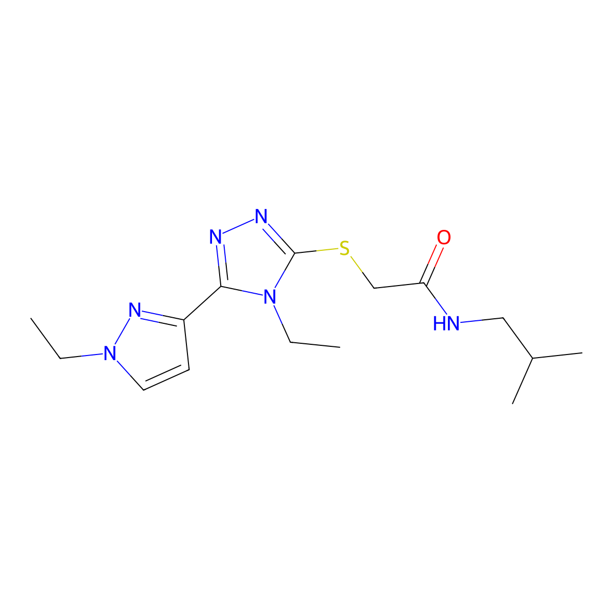 2-{[4-ethyl-5-(1-ethyl-1H-pyrazol-3-yl)-4H-1,2,4-triazol-3-yl]sulfanyl}-N-(2-methylpropyl)acetamide molecular structure, CAS 1005590-00-0