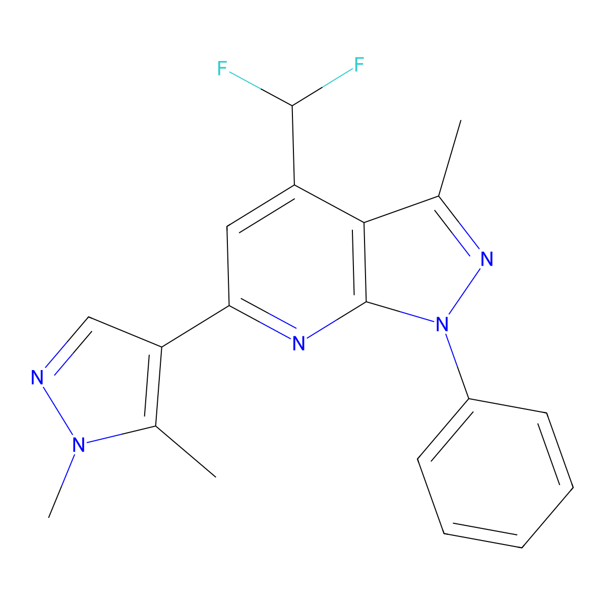 4-(difluoromethyl)-6-(1,5-dimethyl-1H-pyrazol-4-yl)-3-methyl-1-phenyl-1H-pyrazolo[3,4-b]pyridine molecular structure, CAS 1005590-03-3