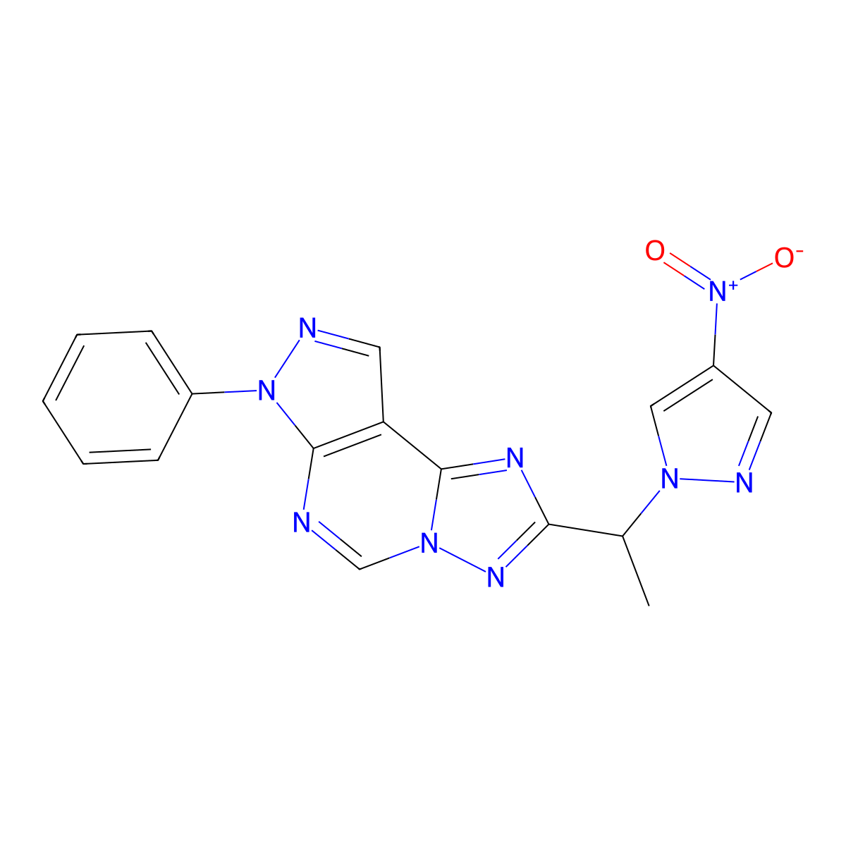 2-[1-(4-nitro-1H-pyrazol-1-yl)ethyl]-7-phenyl-7H-pyrazolo[4,3-e][1,2,4]triazolo[1,5-c]pyrimidine molecular structure, CAS 1005590-07-7