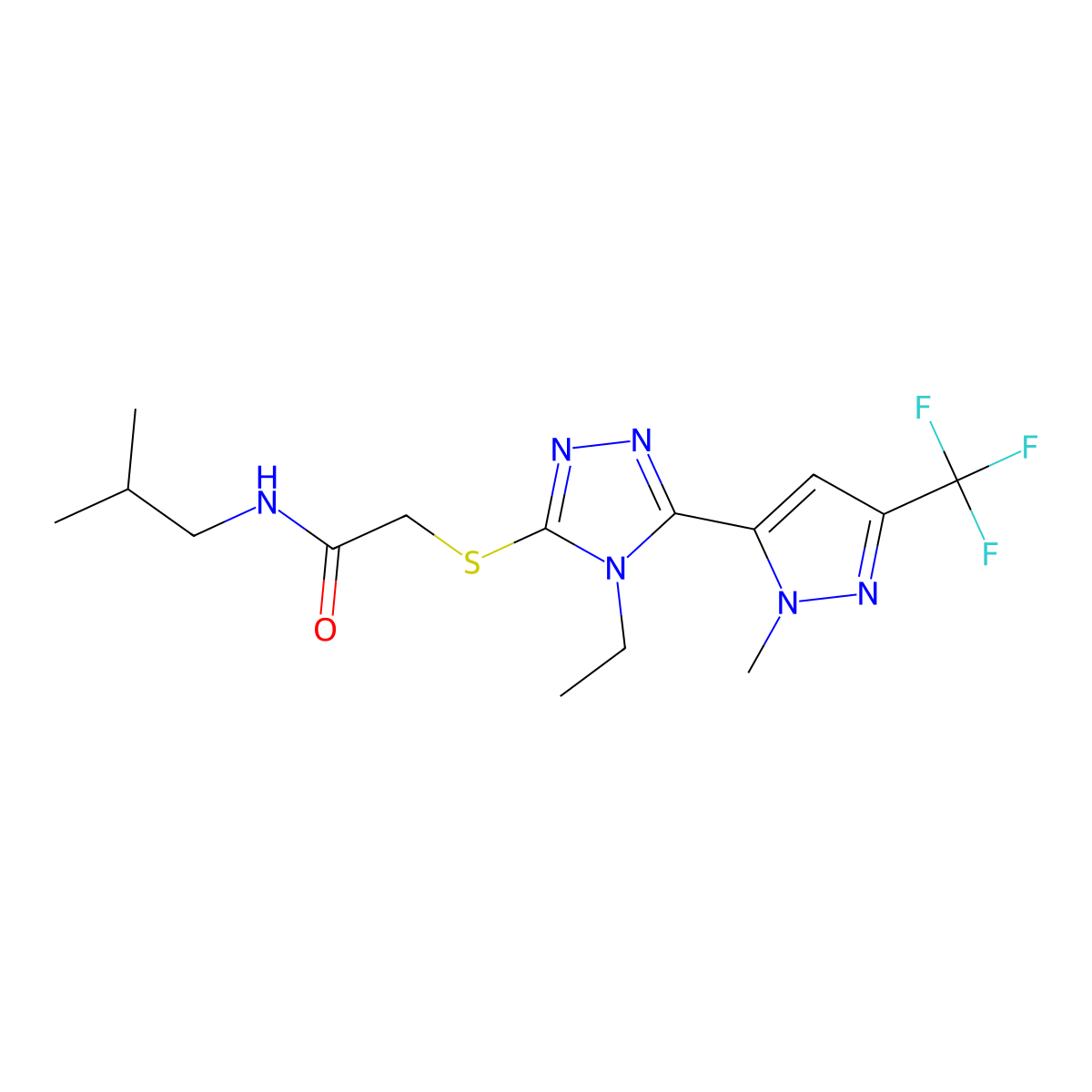 2-({4-ethyl-5-[1-methyl-3-(trifluoromethyl)-1H-pyrazol-5-yl]-4H-1,2,4-triazol-3-yl}sulfanyl)-N-(2-methylpropyl)acetamide molecular structure, CAS 1005590-21-5