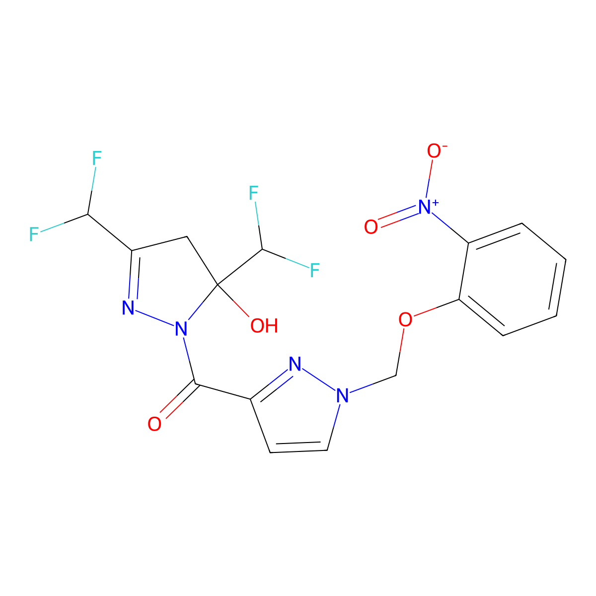 [3,5-bis(difluoromethyl)-5-hydroxy-4,5-dihydro-1H-pyrazol-1-yl]{1-[(2-nitrophenoxy)methyl]-1H-pyrazol-3-yl}methanone molecular structure, CAS 1005590-23-7
