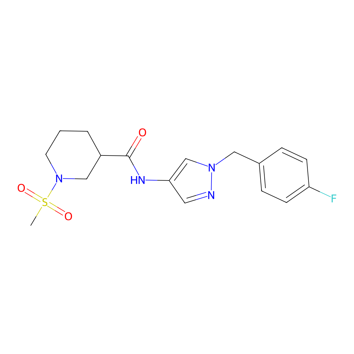 N-[1-[(4-fluorophenyl)methyl]pyrazol-4-yl]-1-methylsulfonylpiperidine-3-carboxamide molecular structure, CAS 1005590-32-8