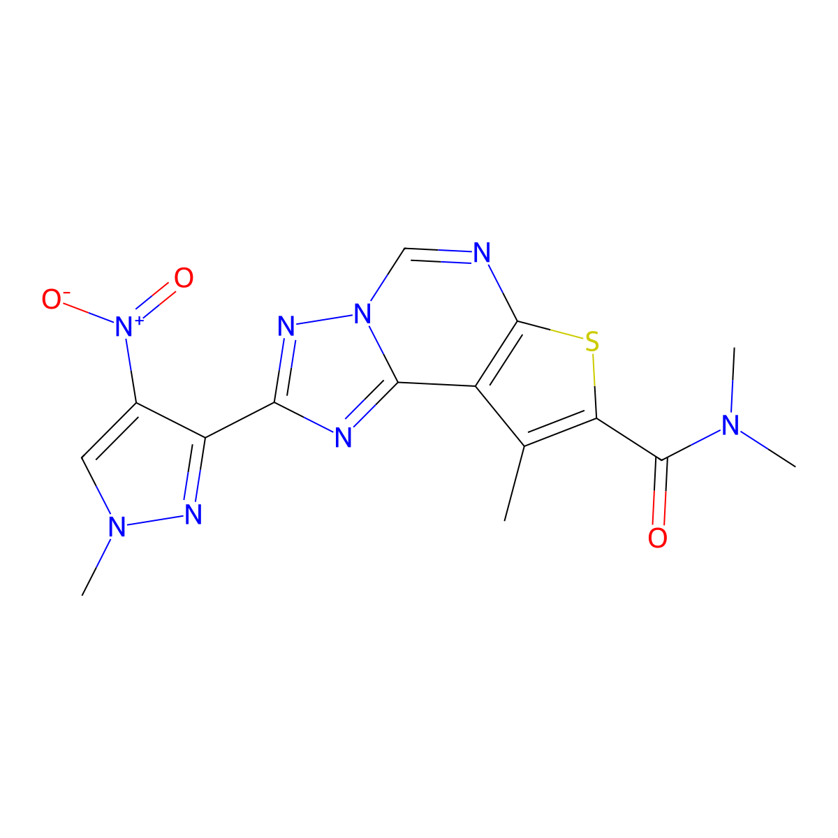N,N,9-trimethyl-2-(1-methyl-4-nitro-1H-pyrazol-3-yl)thieno[3,2-e][1,2,4]triazolo[1,5-c]pyrimidine-8-carboxamide molecular structure, CAS 1005590-50-0