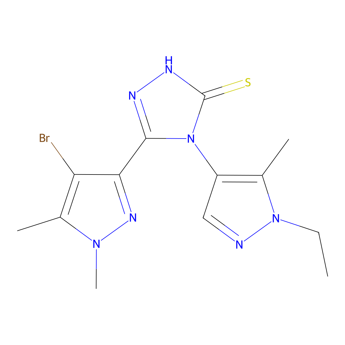 5-(4-bromo-1,5-dimethyl-1H-pyrazol-3-yl)-4-(1-ethyl-5-methyl-1H-pyrazol-4-yl)-4H-1,2,4-triazole-3-thiol molecular structure, CAS 1005590-87-3