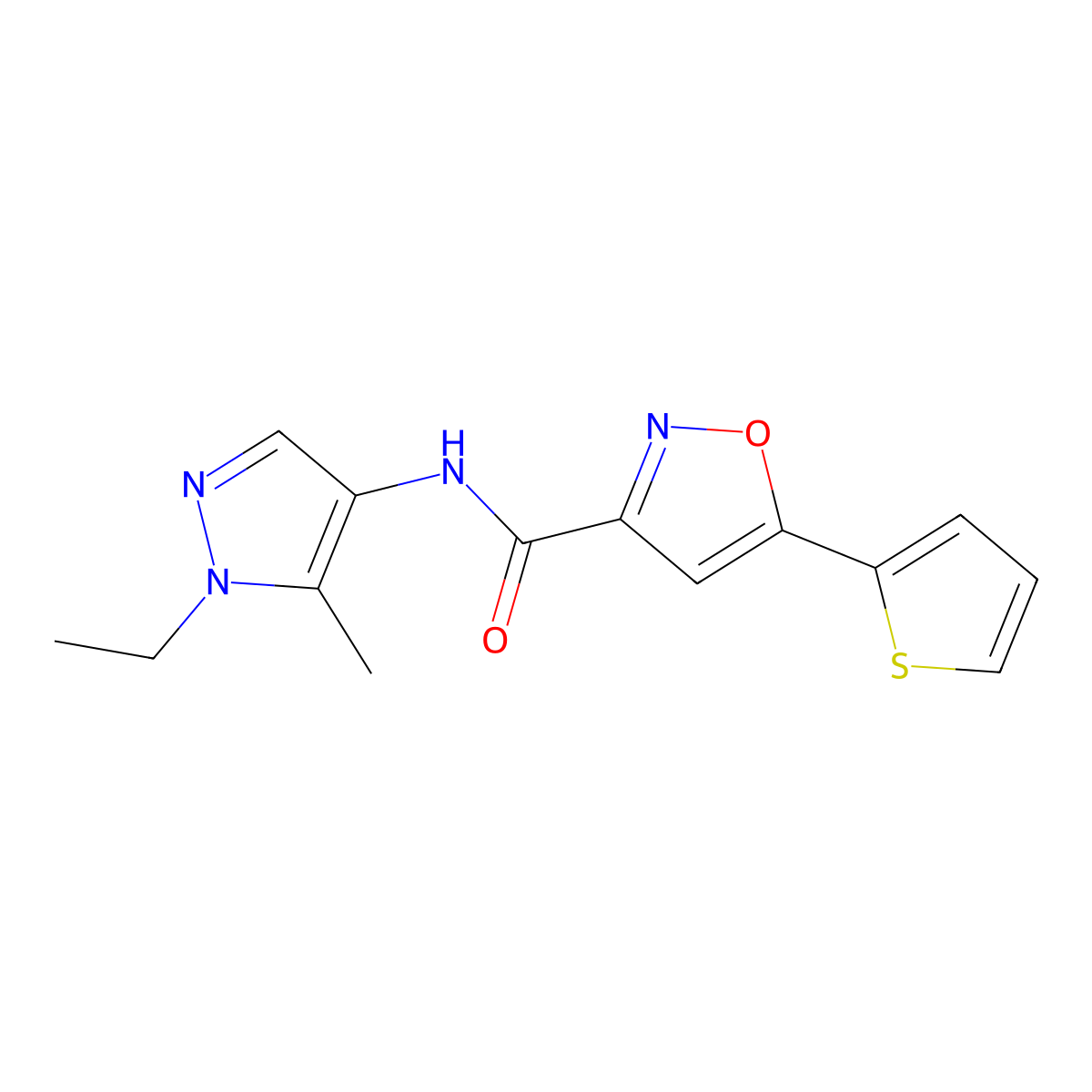N-(1-ethyl-5-methylpyrazol-4-yl)-5-thiophen-2-yl-1,2-oxazole-3-carboxamide molecular structure, CAS 1005590-97-5