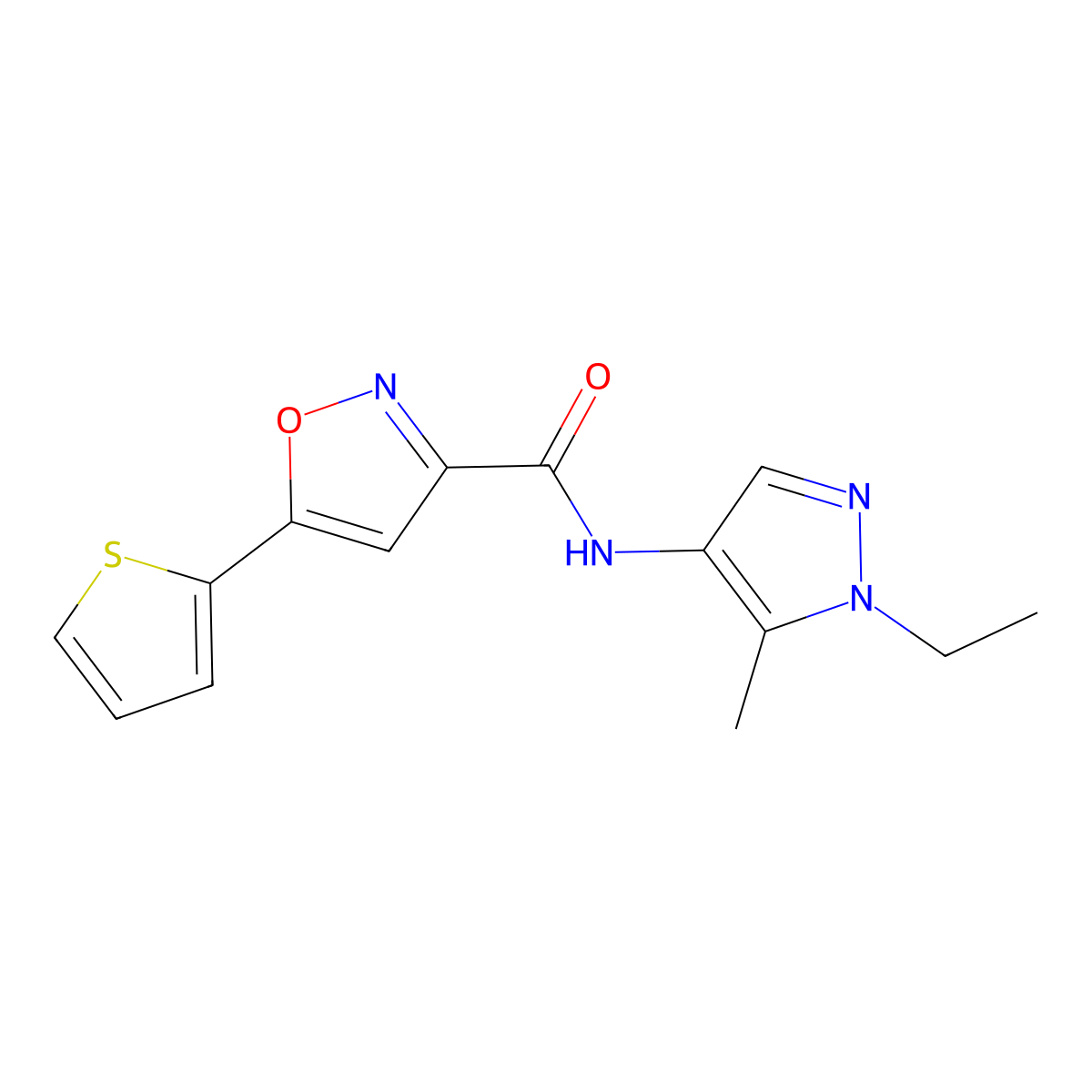 N-(1-ethyl-5-methylpyrazol-4-yl)-5-thiophen-2-yl-1,2-oxazole-3-carboxamide molecular structure, CAS 1005590-97-5