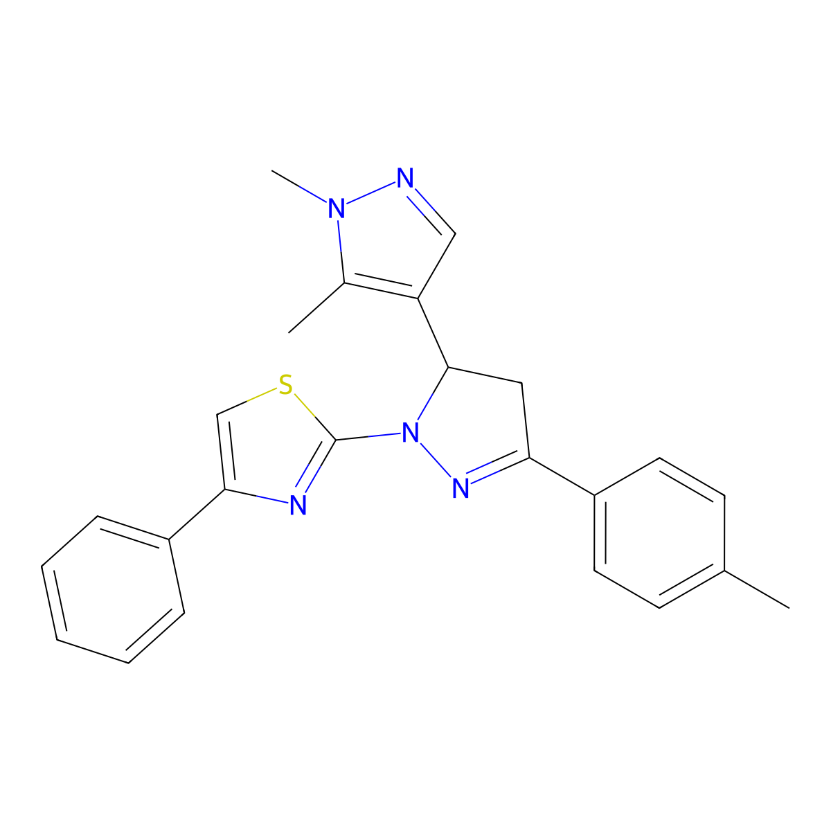 2-[3-(1,5-Dimethylpyrazol-4-yl)-5-(4-methylphenyl)-3,4-dihydropyrazol-2-yl]-4-phenyl-1,3-thiazole molecular structure, CAS 1005591-26-3