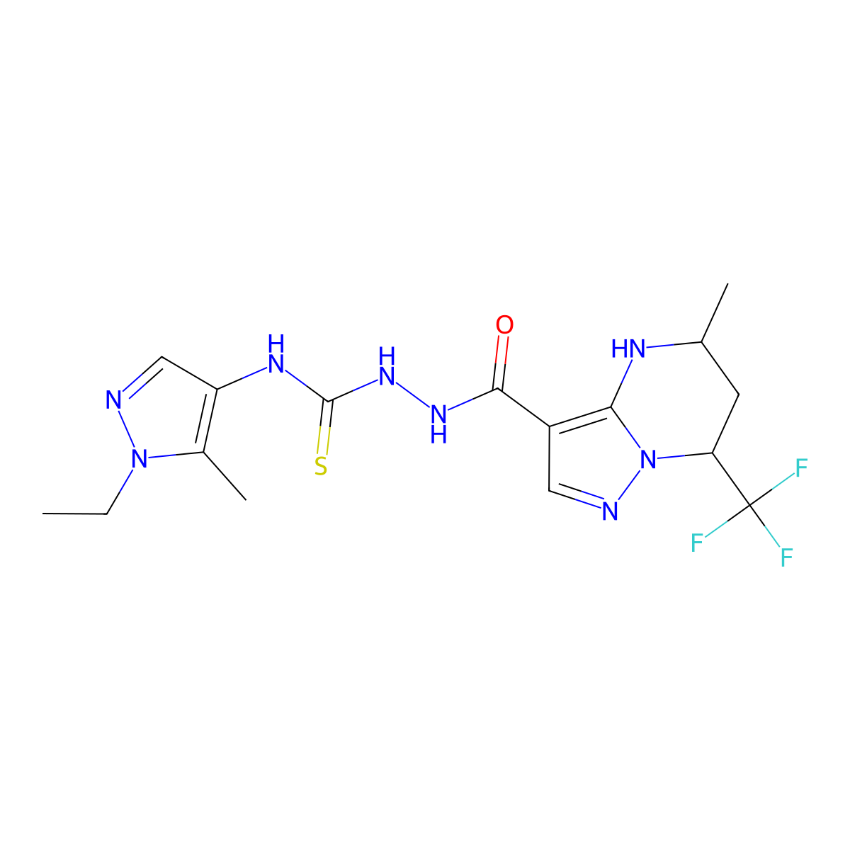 N-(1-ethyl-5-methyl-1H-pyrazol-4-yl)-2-{[5-methyl-7-(trifluoromethyl)-4,5,6,7-tetrahydropyrazolo[1,5-a]pyrimidin-3-yl]carbonyl}hydrazinecarbothioamide molecular structure, CAS 1005591-27-4