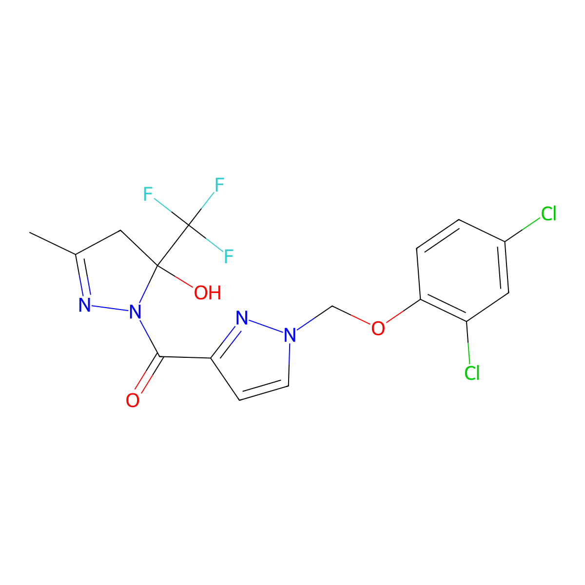 {1-[(2,4-dichlorophenoxy)methyl]-1H-pyrazol-3-yl}[5-hydroxy-3-methyl-5-(trifluoromethyl)-4,5-dihydro-1H-pyrazol-1-yl]methanone molecular structure, CAS 1005591-54-7