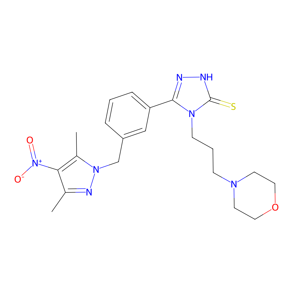3-[3-[(3,5-dimethyl-4-nitropyrazol-1-yl)methyl]phenyl]-4-(3-morpholin-4-ylpropyl)-1H-1,2,4-triazole-5-thione molecular structure, CAS 1005591-56-9