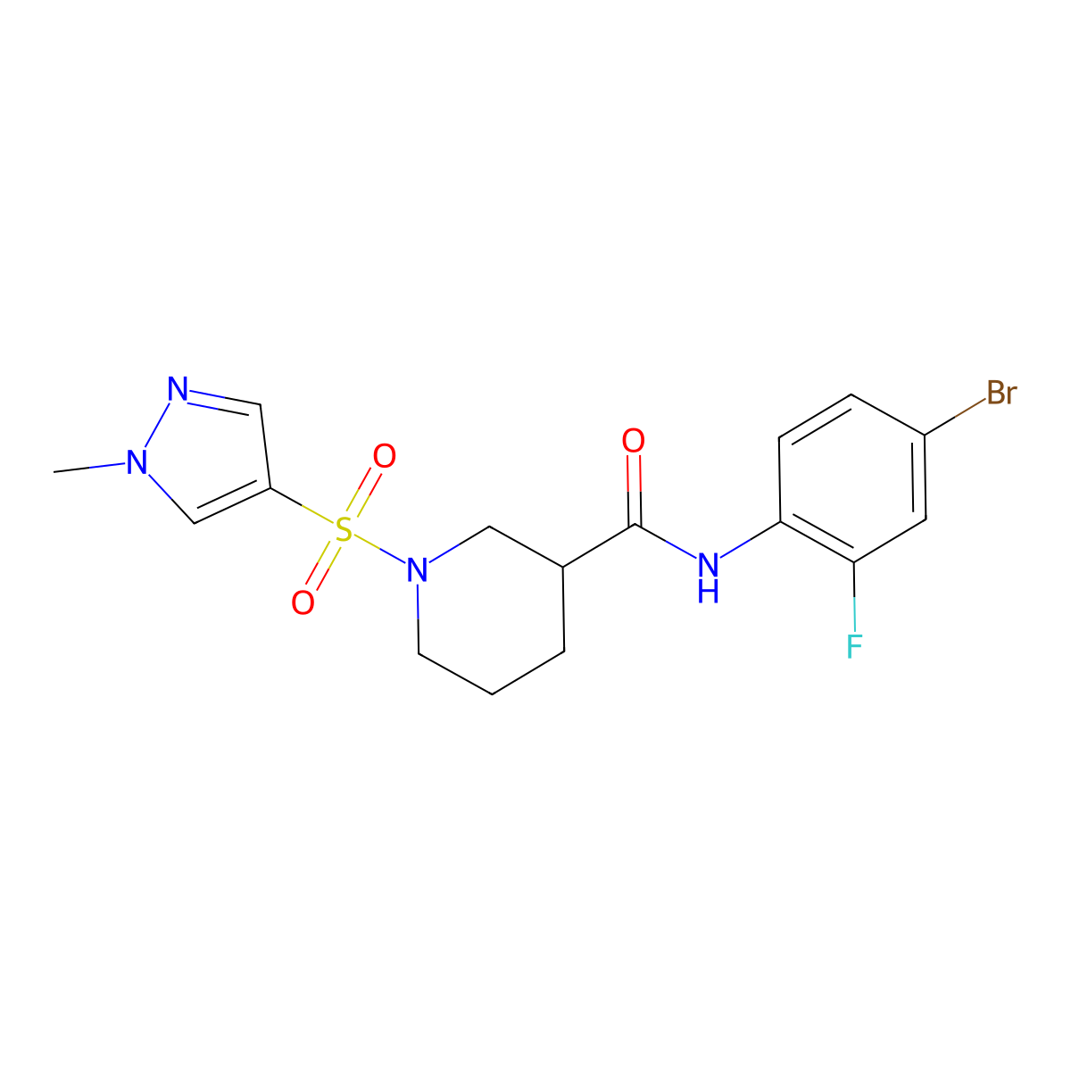 N-(4-bromo-2-fluorophenyl)-1-(1-methylpyrazol-4-yl)sulfonylpiperidine-3-carboxamide molecular structure, CAS 1005591-69-4