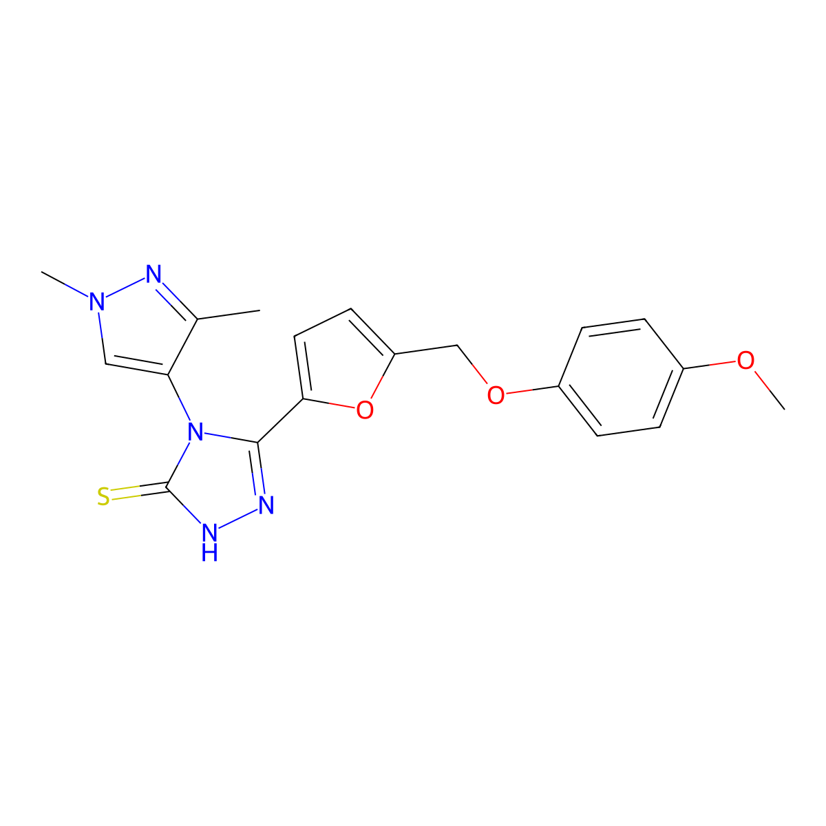 4-(1,3-dimethyl-1H-pyrazol-4-yl)-5-{5-[(4-methoxyphenoxy)methyl]furan-2-yl}-4H-1,2,4-triazole-3-thiol molecular structure, CAS 1005591-77-4