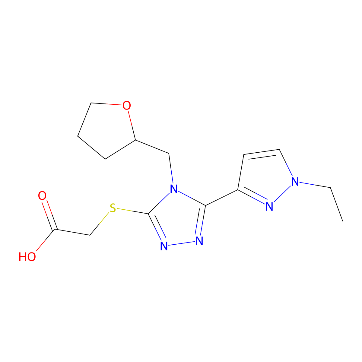 ([5-(1-Ethyl-1H-pyrazol-3-yl)-4-(tetrahydrofuran-2-ylmethyl)-4H-1,2,4-triazol-3-yl]thio)acetic acid molecular structure, CAS 1005592-03-9