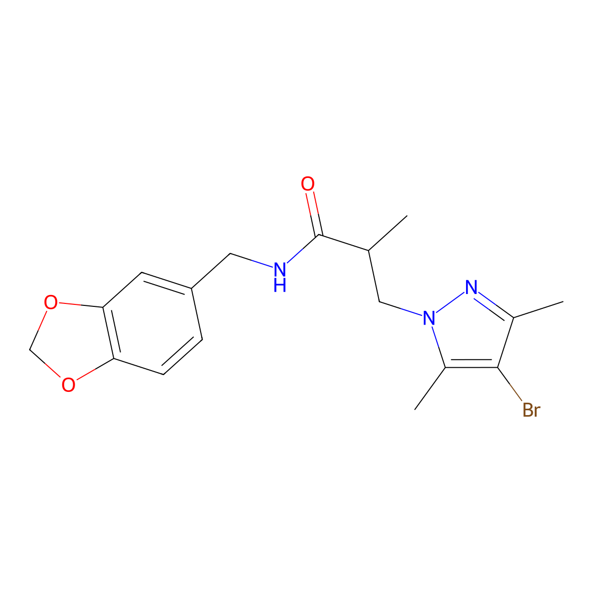 N-(1,3-benzodioxol-5-ylmethyl)-3-(4-bromo-3,5-dimethylpyrazol-1-yl)-2-methylpropanamide molecular structure, CAS 1005592-32-4
