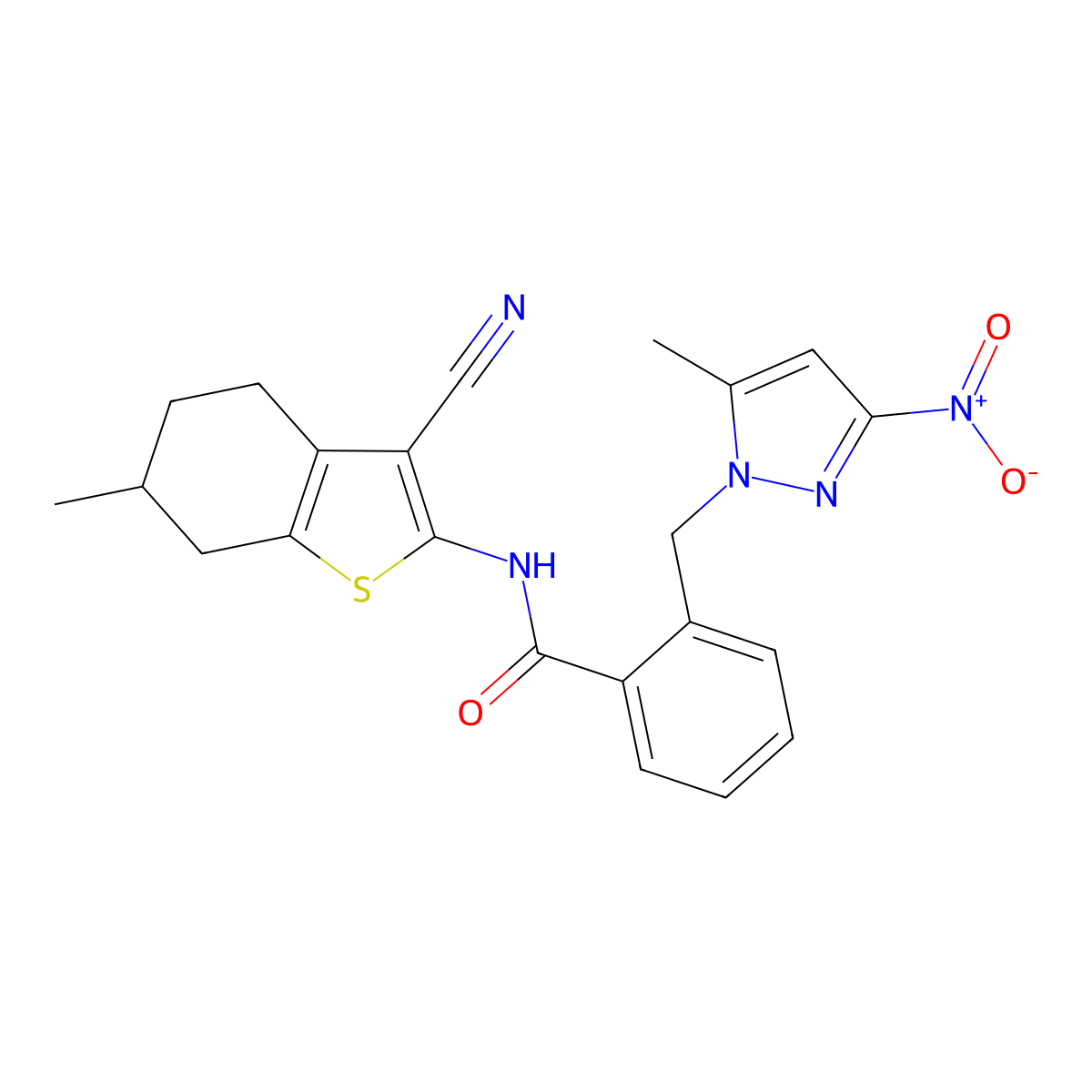 N-(3-cyano-6-methyl-4,5,6,7-tetrahydro-1-benzothiophen-2-yl)-2-[(5-methyl-3-nitro-1H-pyrazol-1-yl)methyl]benzamide molecular structure, CAS 1005592-51-7