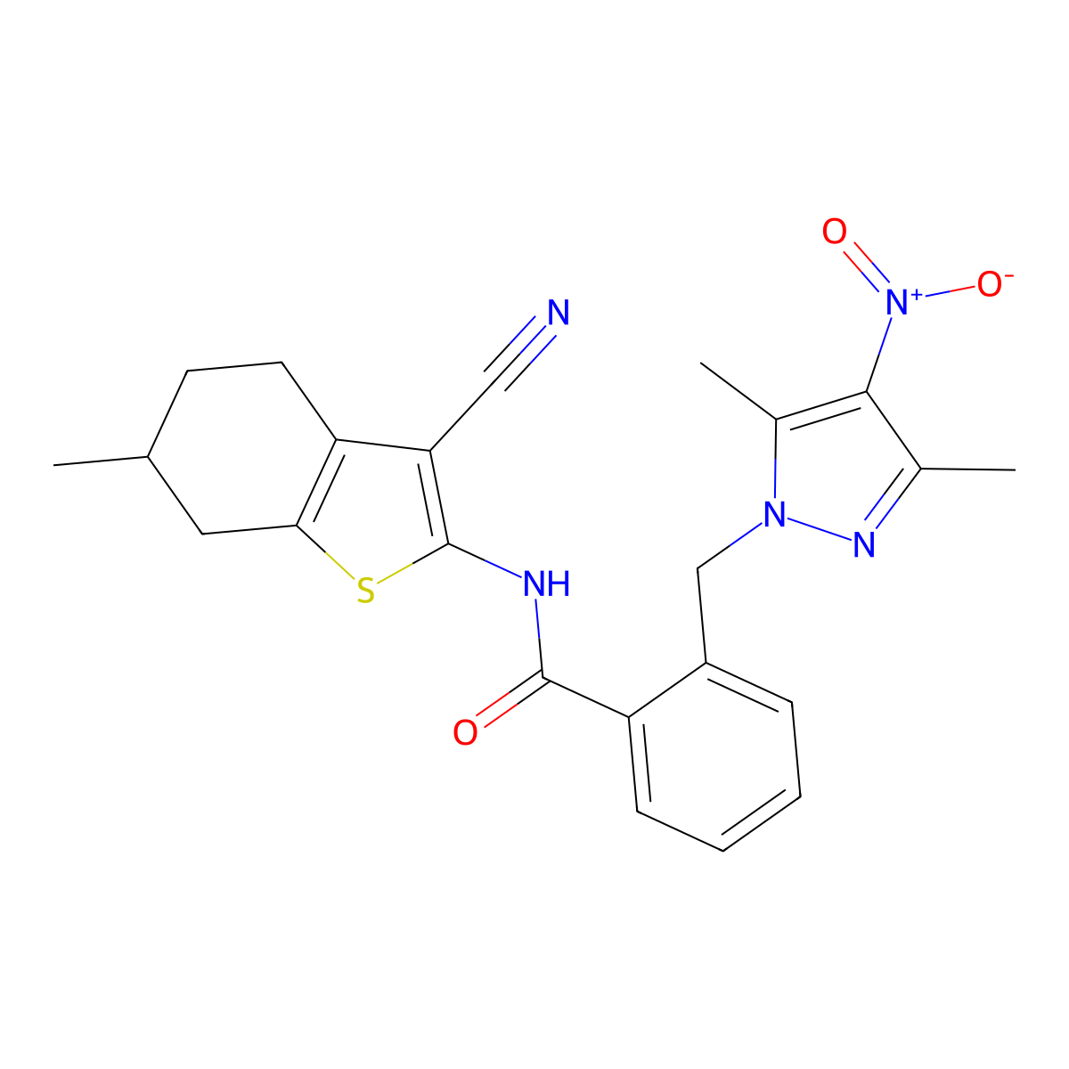 N-(3-cyano-6-methyl-4,5,6,7-tetrahydro-1-benzothiophen-2-yl)-2-[(3,5-dimethyl-4-nitro-1H-pyrazol-1-yl)methyl]benzamide molecular structure, CAS 1005592-60-8