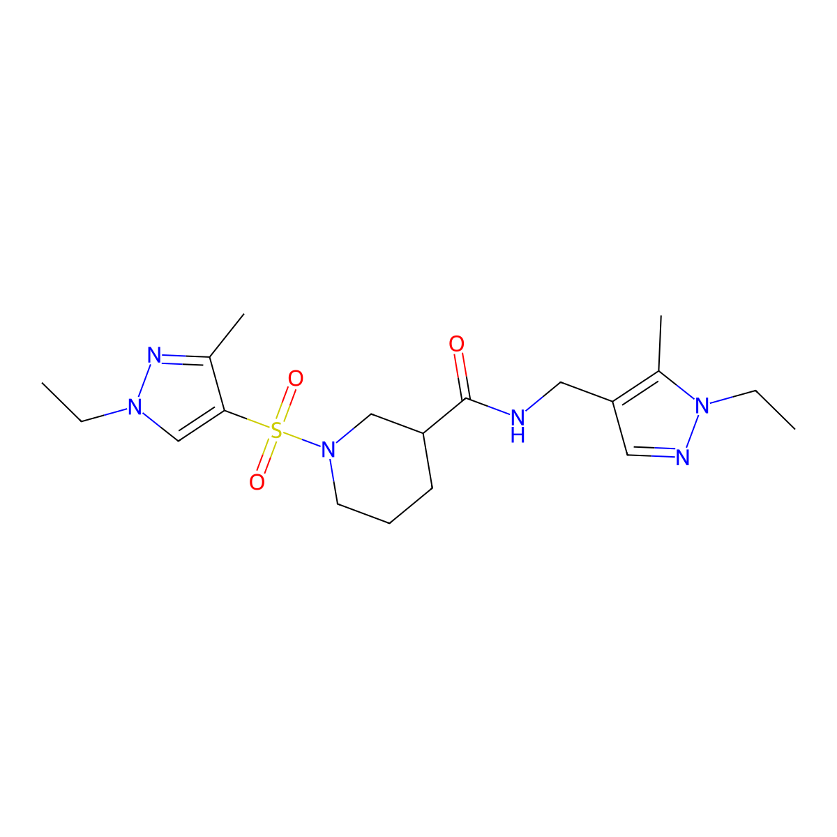 N-[(1-ethyl-5-methylpyrazol-4-yl)methyl]-1-(1-ethyl-3-methylpyrazol-4-yl)sulfonylpiperidine-3-carboxamide molecular structure, CAS 1005592-63-1