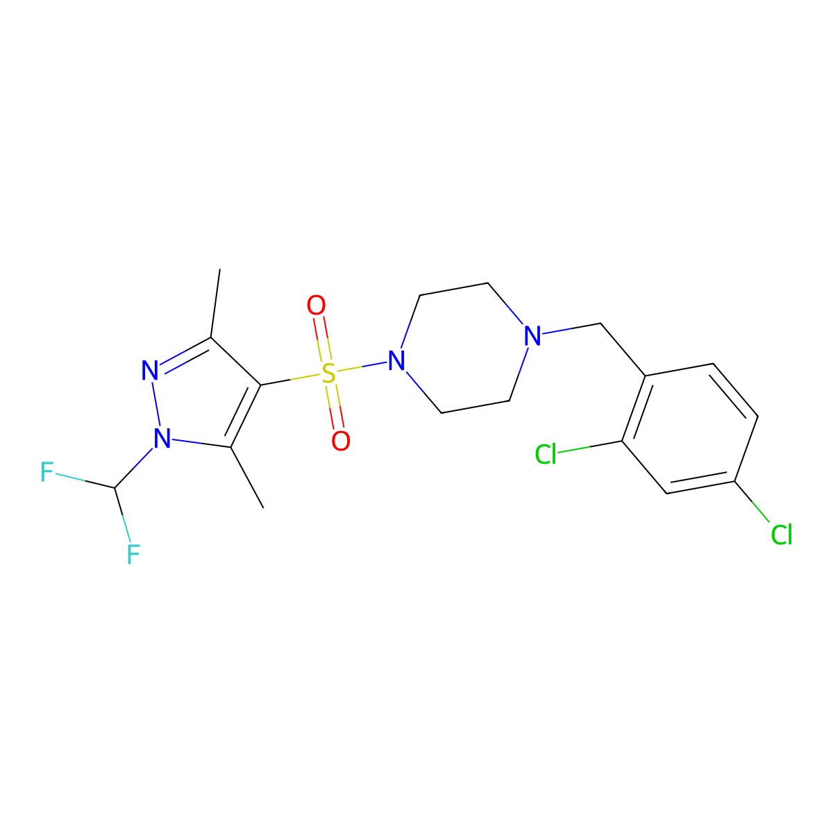 1-(2,4-dichlorobenzyl)-4-{[1-(difluoromethyl)-3,5-dimethyl-1H-pyrazol-4-yl]sulfonyl}piperazine molecular structure, CAS 1005592-84-6