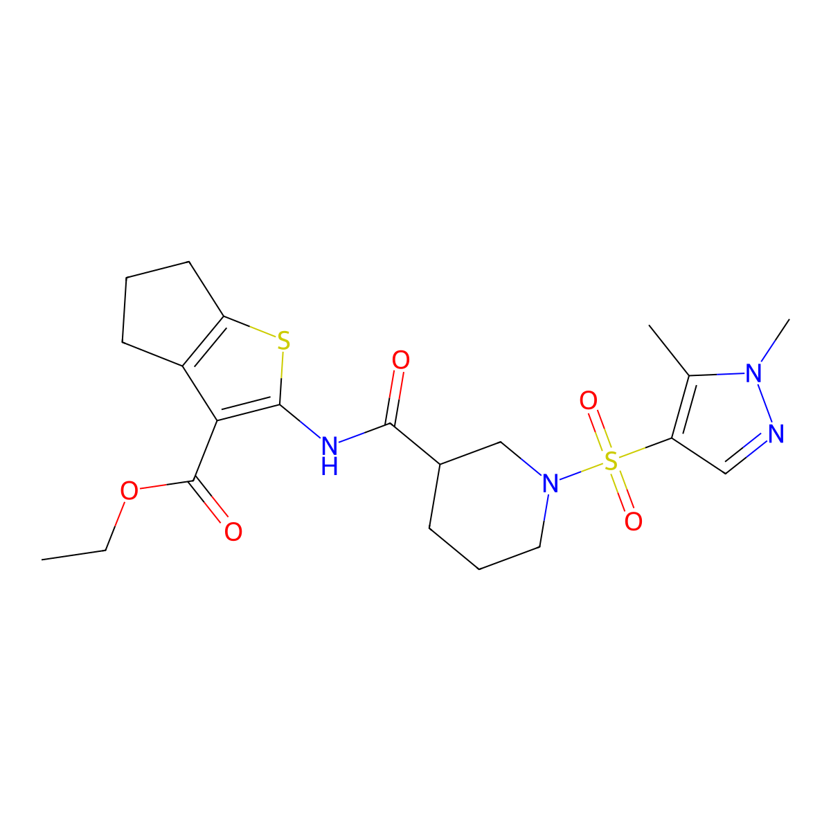 ethyl 2-[({1-[(1,5-dimethyl-1H-pyrazol-4-yl)sulfonyl]piperidin-3-yl}carbonyl)amino]-5,6-dihydro-4H-cyclopenta[b]thiophene-3-carboxylate molecular structure, CAS 1005592-94-8