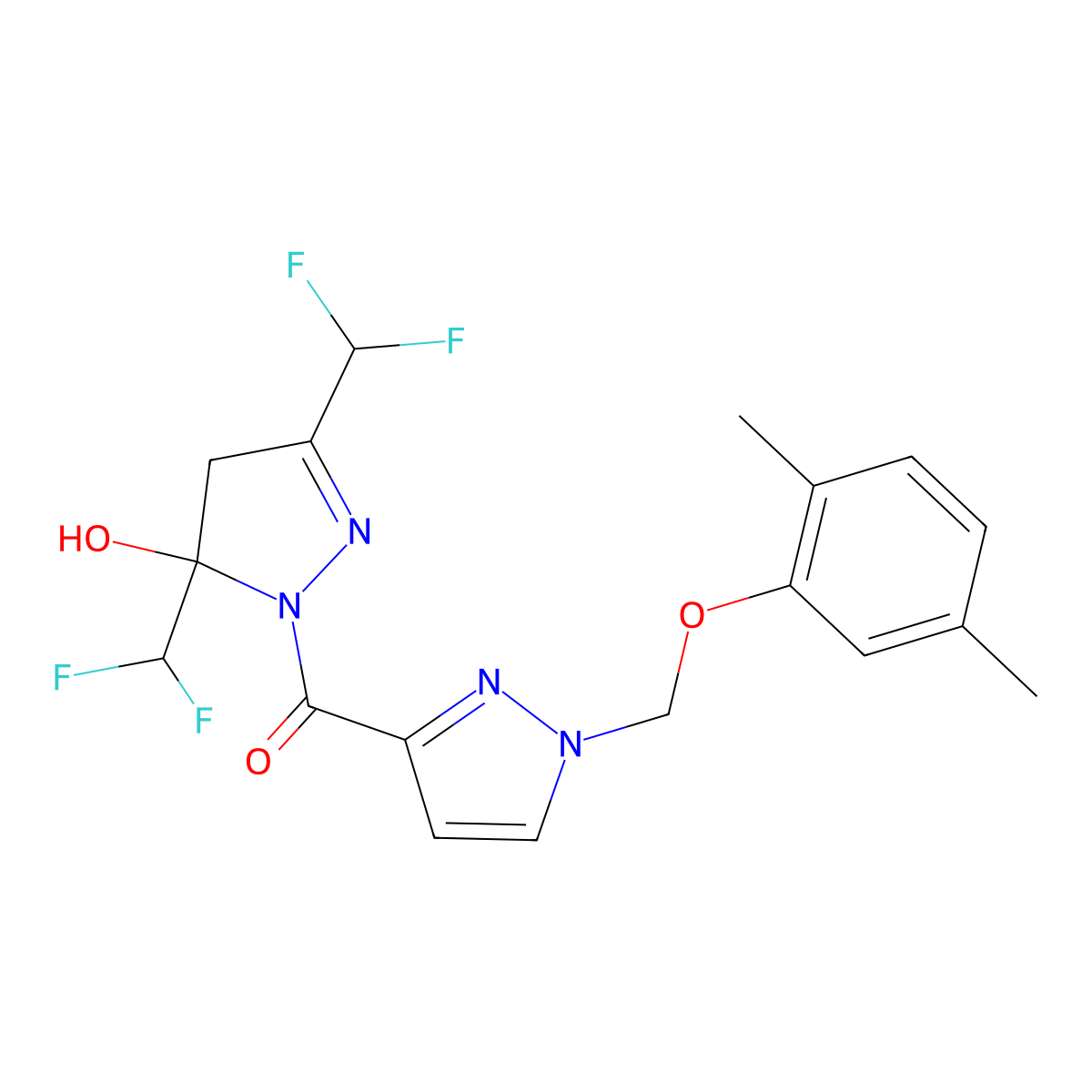 [3,5-bis(difluoromethyl)-5-hydroxy-4,5-dihydro-1H-pyrazol-1-yl]{1-[(2,5-dimethylphenoxy)methyl]-1H-pyrazol-3-yl}methanone molecular structure, CAS 1005593-05-4