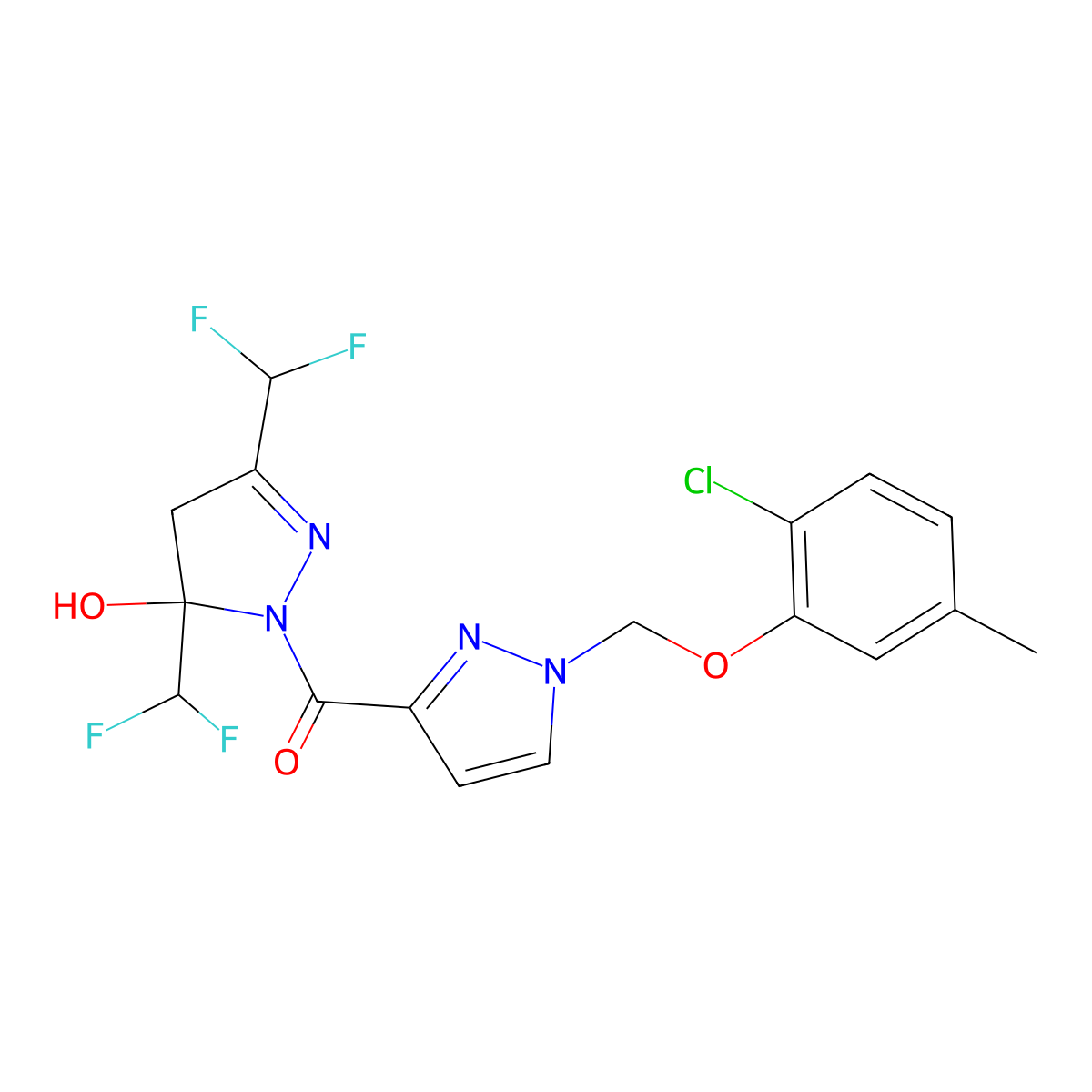 [3,5-bis(difluoromethyl)-5-hydroxy-4H-pyrazol-1-yl]-[1-[(2-chloro-5-methylphenoxy)methyl]pyrazol-3-yl]methanone molecular structure, CAS 1005593-29-2