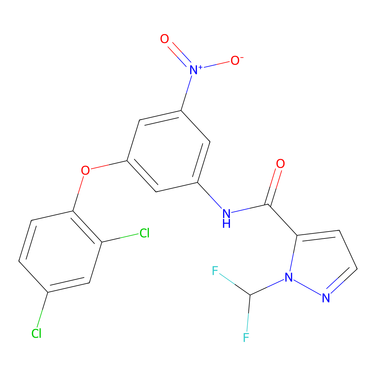 N-[3-(2,4-dichlorophenoxy)-5-nitrophenyl]-2-(difluoromethyl)pyrazole-3-carboxamide molecular structure, CAS 1005593-37-2
