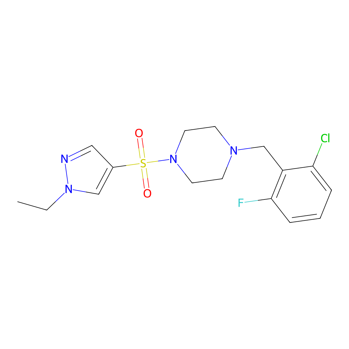 1-(2-chloro-6-fluorobenzyl)-4-[(1-ethyl-1H-pyrazol-4-yl)sulfonyl]piperazine molecular structure, CAS 1005593-44-1