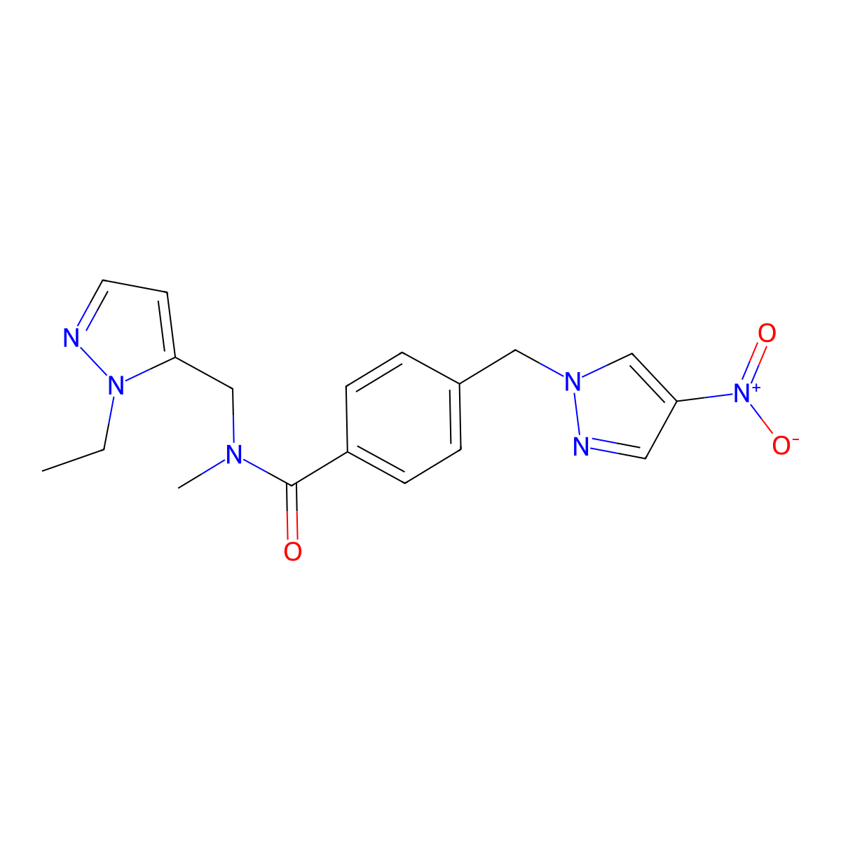 N-[(1-ethyl-1H-pyrazol-5-yl)methyl]-N-methyl-4-[(4-nitro-1H-pyrazol-1-yl)methyl]benzamide molecular structure, CAS 1005593-76-9