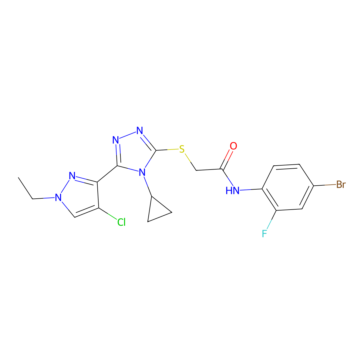 N-(4-bromo-2-fluorophenyl)-2-{[5-(4-chloro-1-ethyl-1H-pyrazol-3-yl)-4-cyclopropyl-4H-1,2,4-triazol-3-yl]sulfanyl}acetamide molecular structure, CAS 1005594-01-3