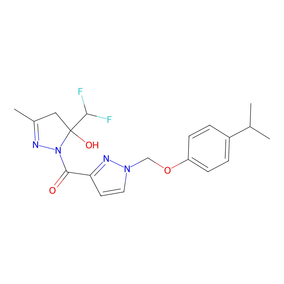 [5-(difluoromethyl)-5-hydroxy-3-methyl-4,5-dihydro-1H-pyrazol-1-yl](1-{[4-(propan-2-yl)phenoxy]methyl}-1H-pyrazol-3-yl)methanone molecular structure, CAS 1005594-40-0