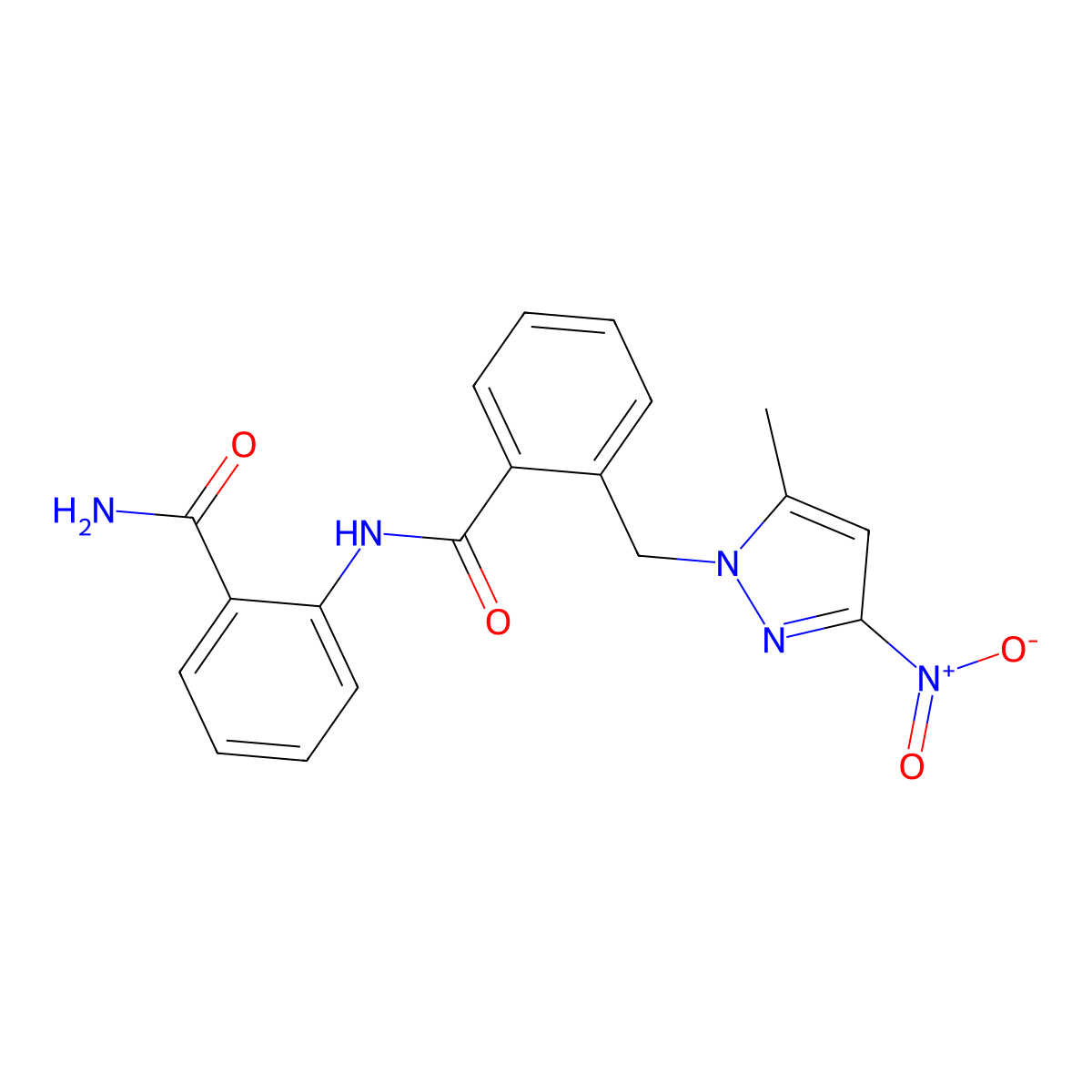 N-(2-carbamoylphenyl)-2-[(5-methyl-3-nitropyrazol-1-yl)methyl]benzamide molecular structure, CAS 1005595-15-2