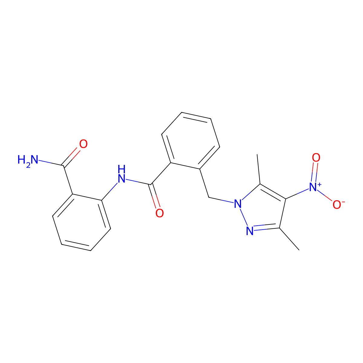 N-(2-carbamoylphenyl)-2-[(3,5-dimethyl-4-nitropyrazol-1-yl)methyl]benzamide molecular structure, CAS 1005595-38-9