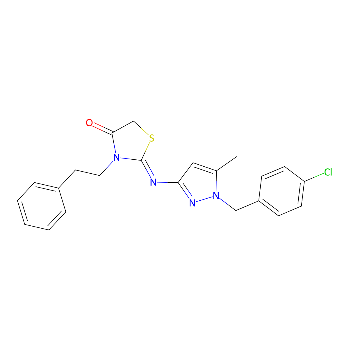 (2Z)-2-{[1-(4-chlorobenzyl)-5-methyl-1H-pyrazol-3-yl]imino}-3-(2-phenylethyl)-1,3-thiazolidin-4-one molecular structure, CAS 1005595-67-4