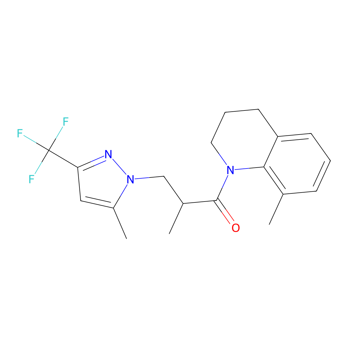 2-methyl-1-(8-methyl-3,4-dihydro-2H-quinolin-1-yl)-3-[5-methyl-3-(trifluoromethyl)pyrazol-1-yl]propan-1-one molecular structure, CAS 1005595-69-6
