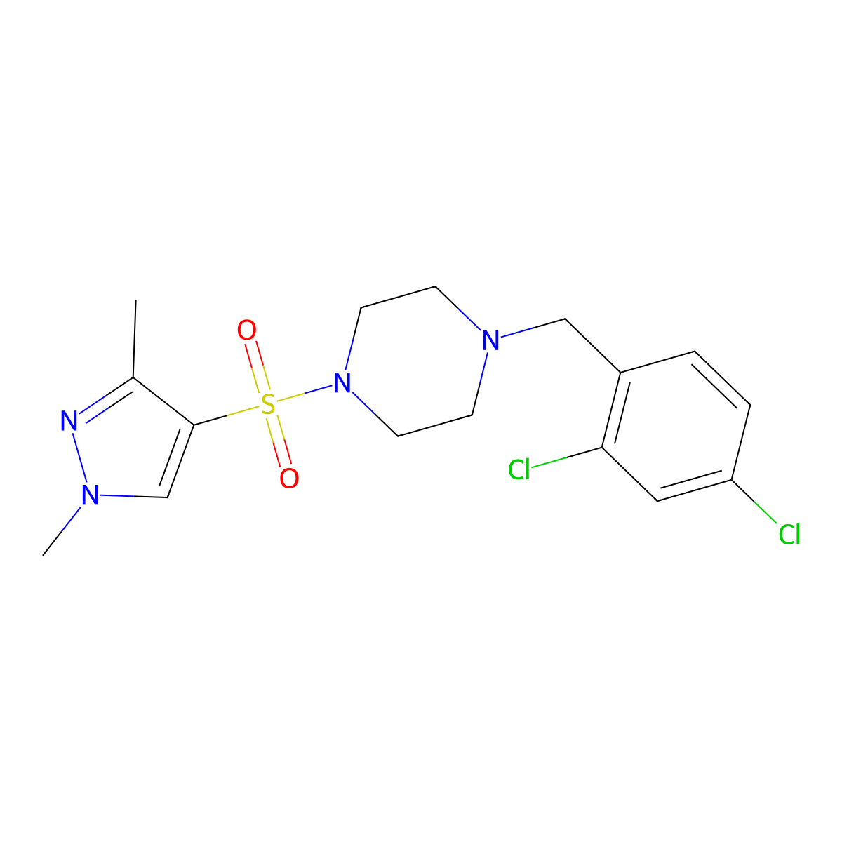 1-(2,4-dichlorobenzyl)-4-[(1,3-dimethyl-1H-pyrazol-4-yl)sulfonyl]piperazine molecular structure, CAS 1005595-80-1